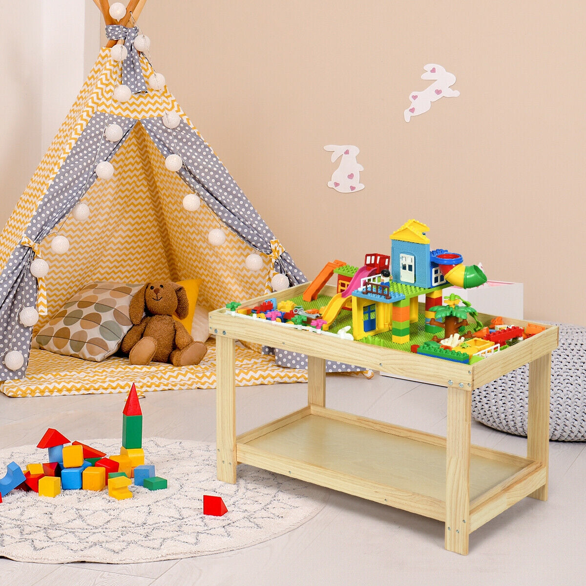 Solid Multifunctional Wood Kids Activity Play Table-Natural