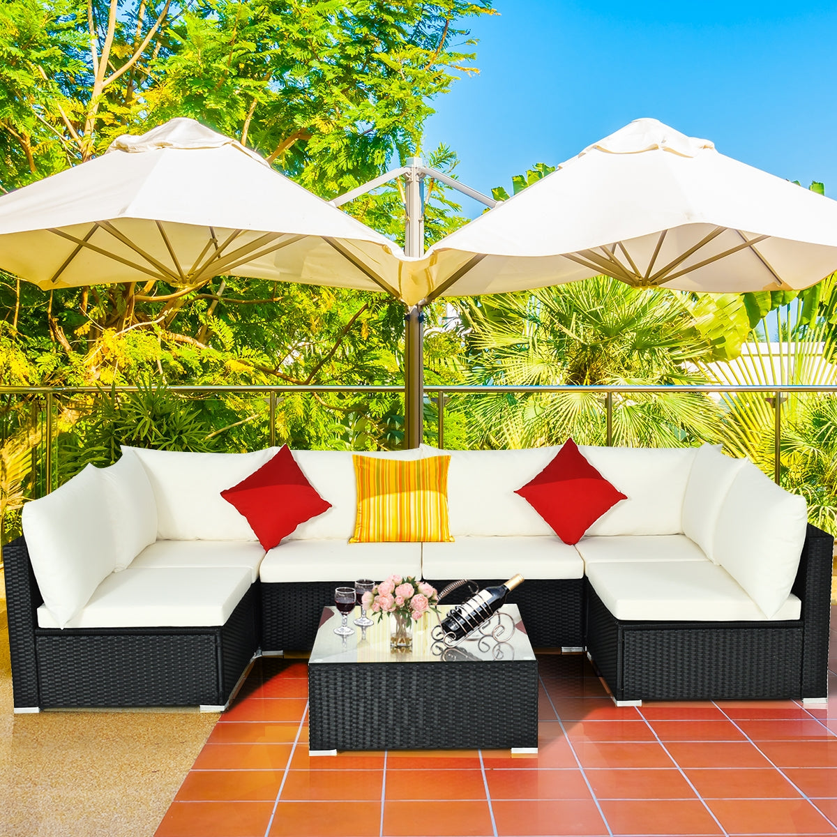 7-Piece Outdoor Sectional Wicker Patio Sofa Set with Tempered Glass Top-Beige