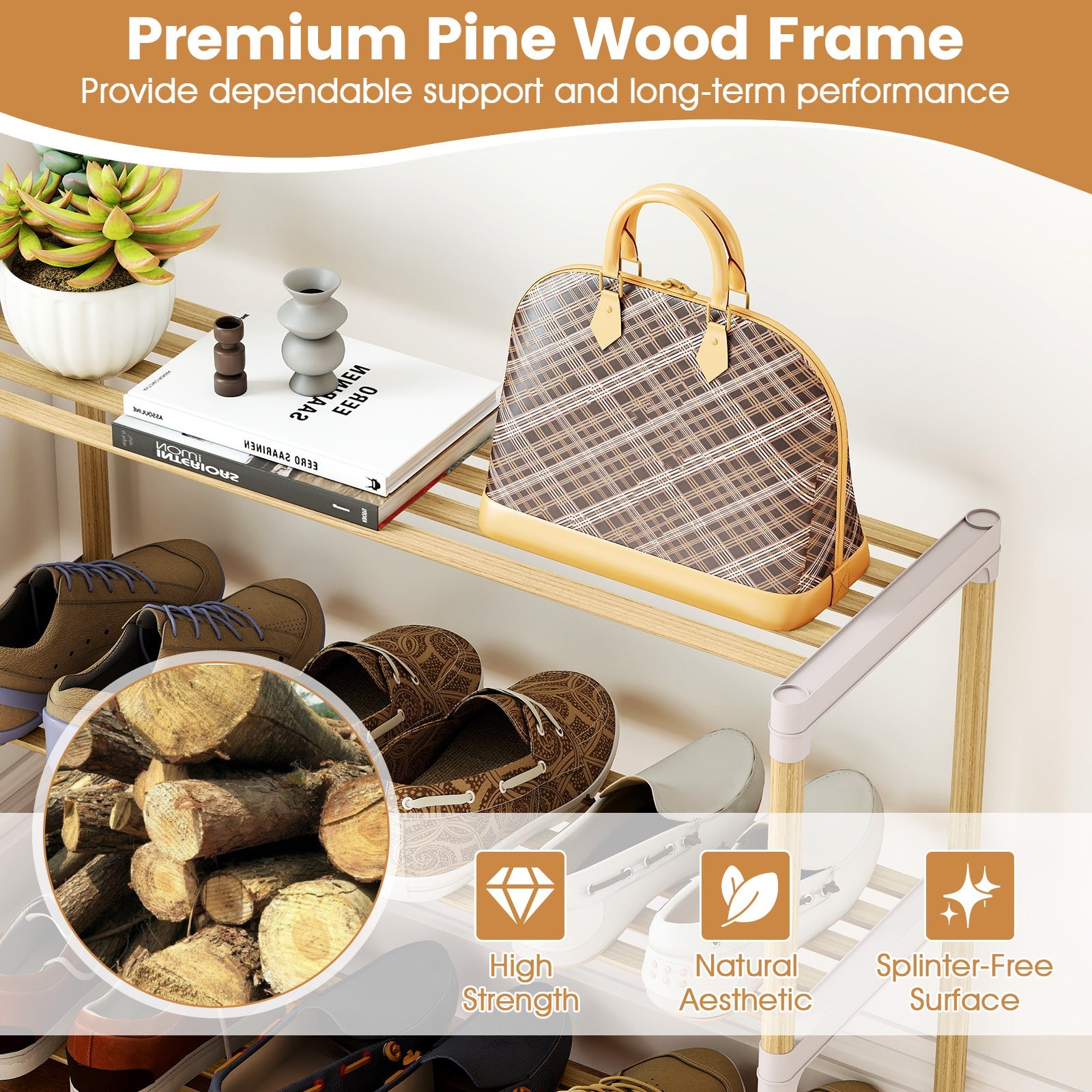 3-Tier Solid Wood Shoe Rack with Slatted Shelves