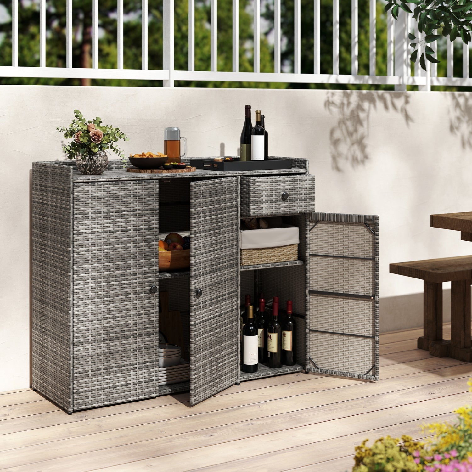 Outdoor PE Wicker Storage Cabinet with 3 Doors and Drawer