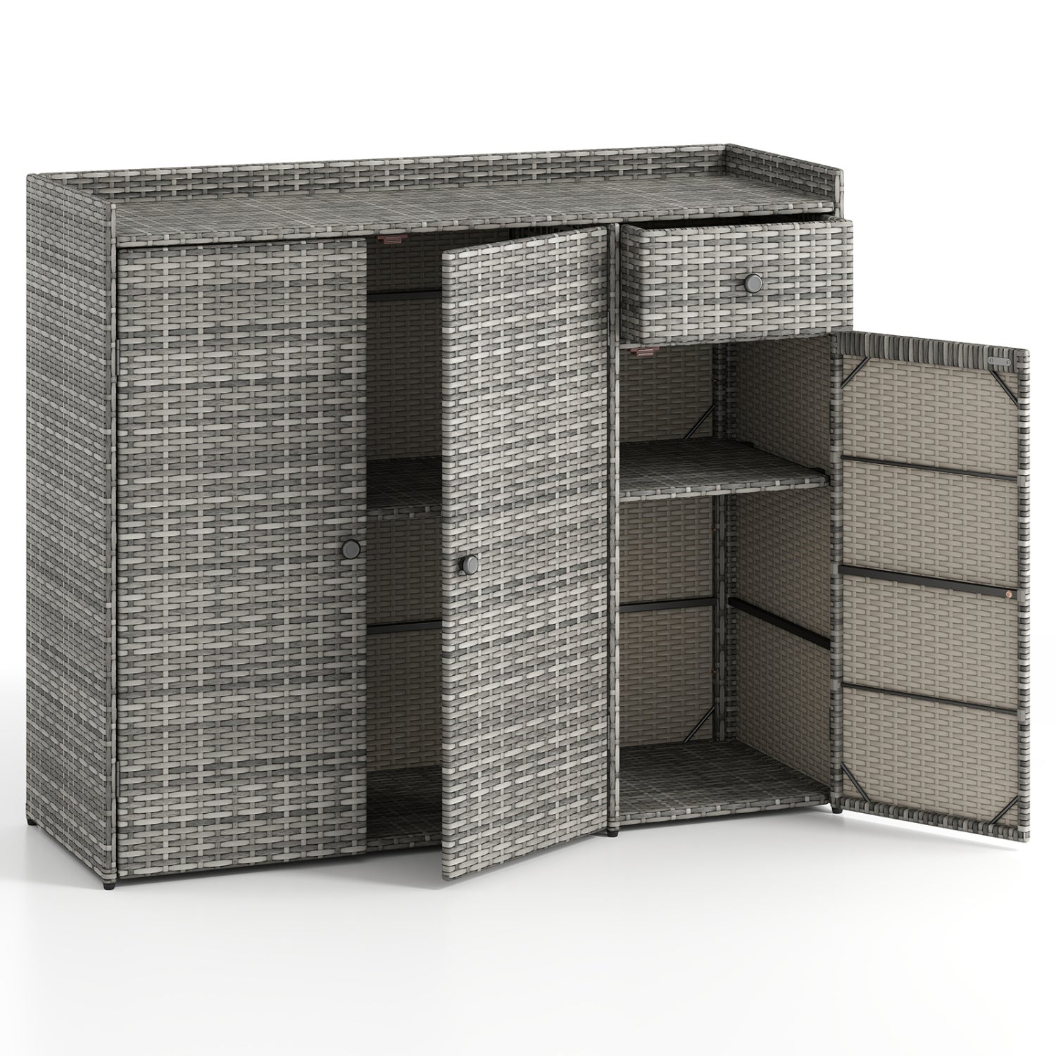 Outdoor PE Wicker Storage Cabinet with 3 Doors and Drawer
