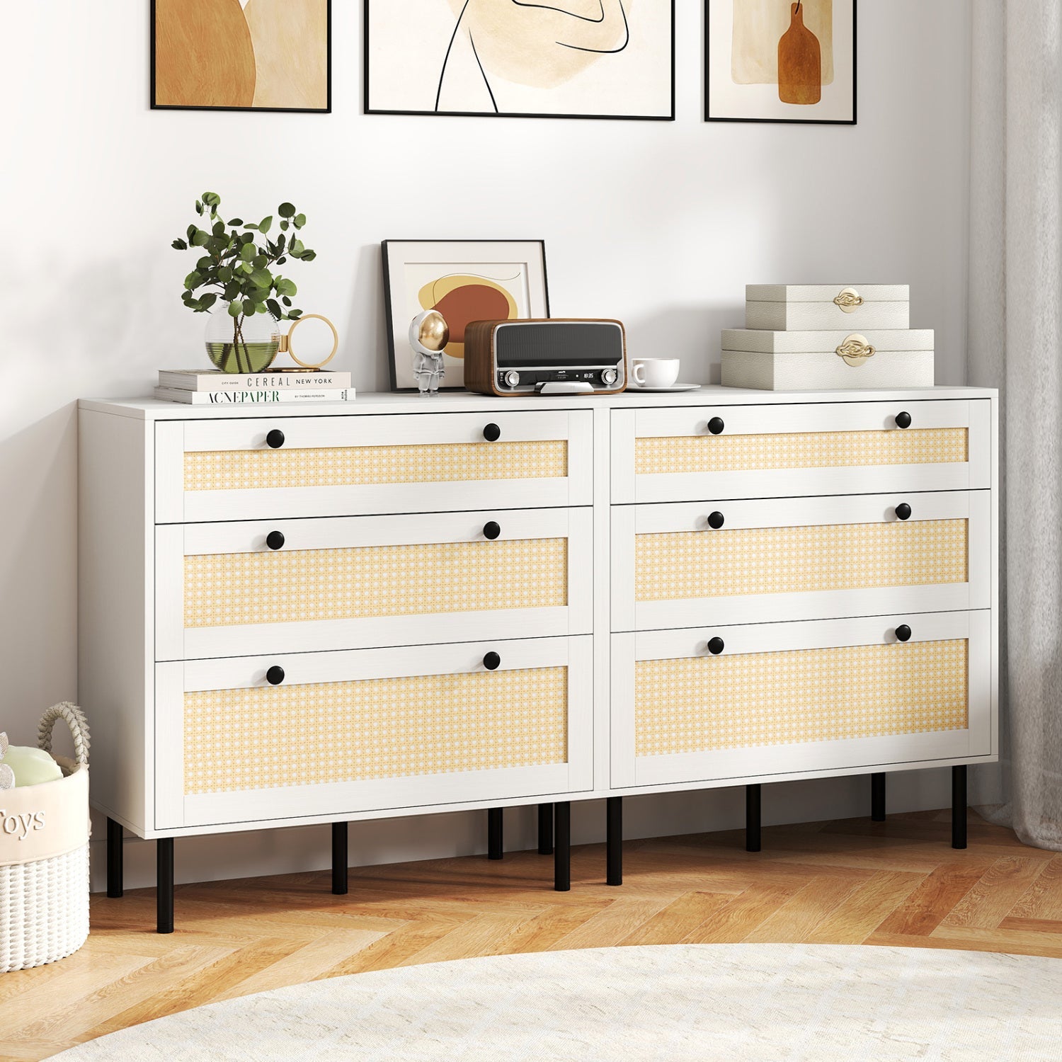 3-Drawer Rattan Nightstand Boho Chest of Drawers for Bedroom
