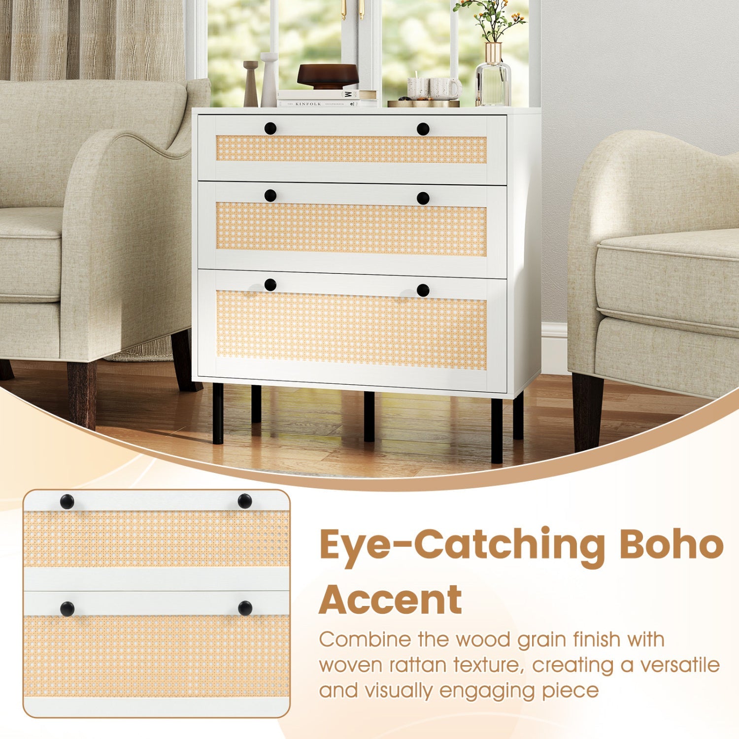 3-Drawer Rattan Nightstand Boho Chest of Drawers for Bedroom