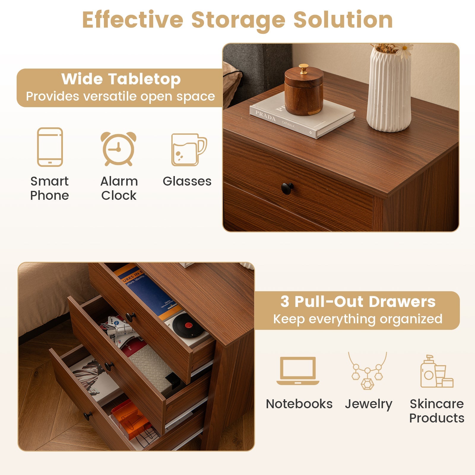 3-Drawer Wooden Nightstand Modern Bedside Table-Walnut