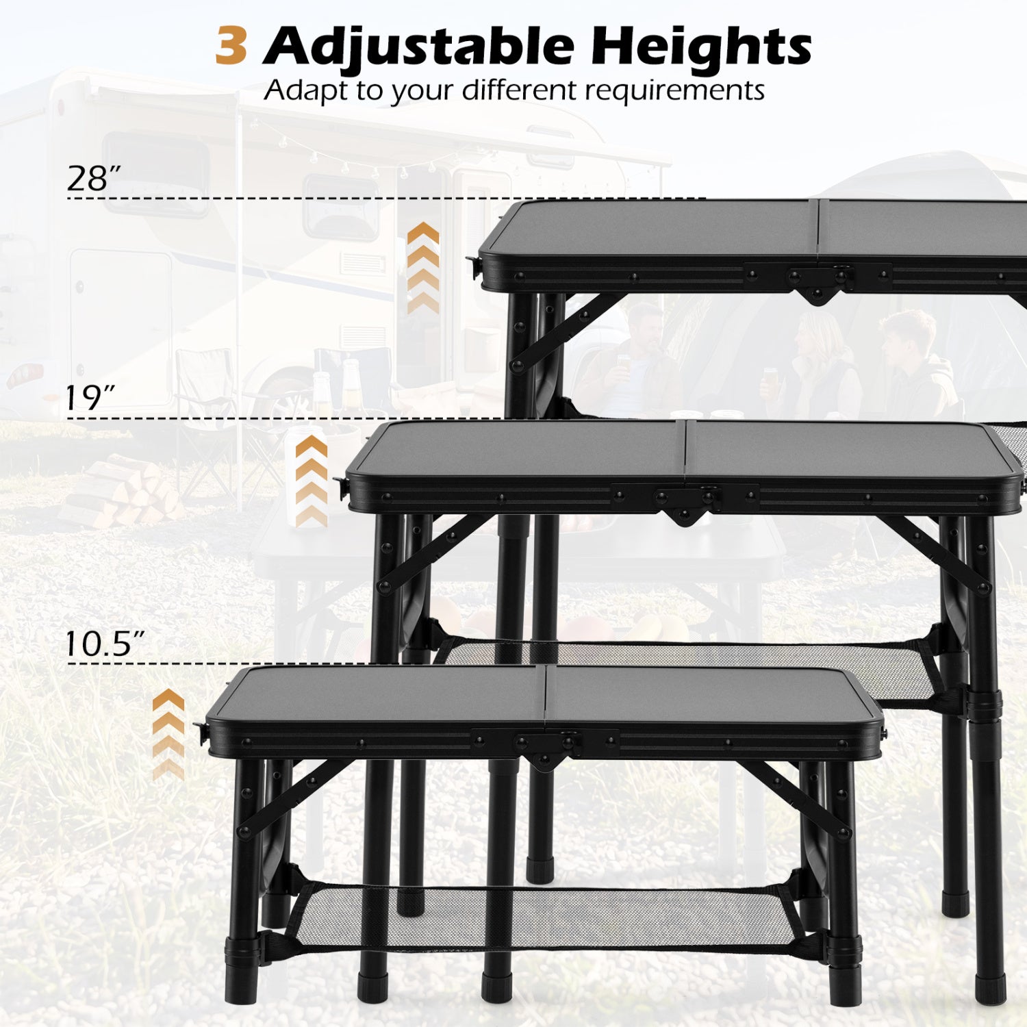 3-Height Folding Camping Table with Large Storage Net & Handle