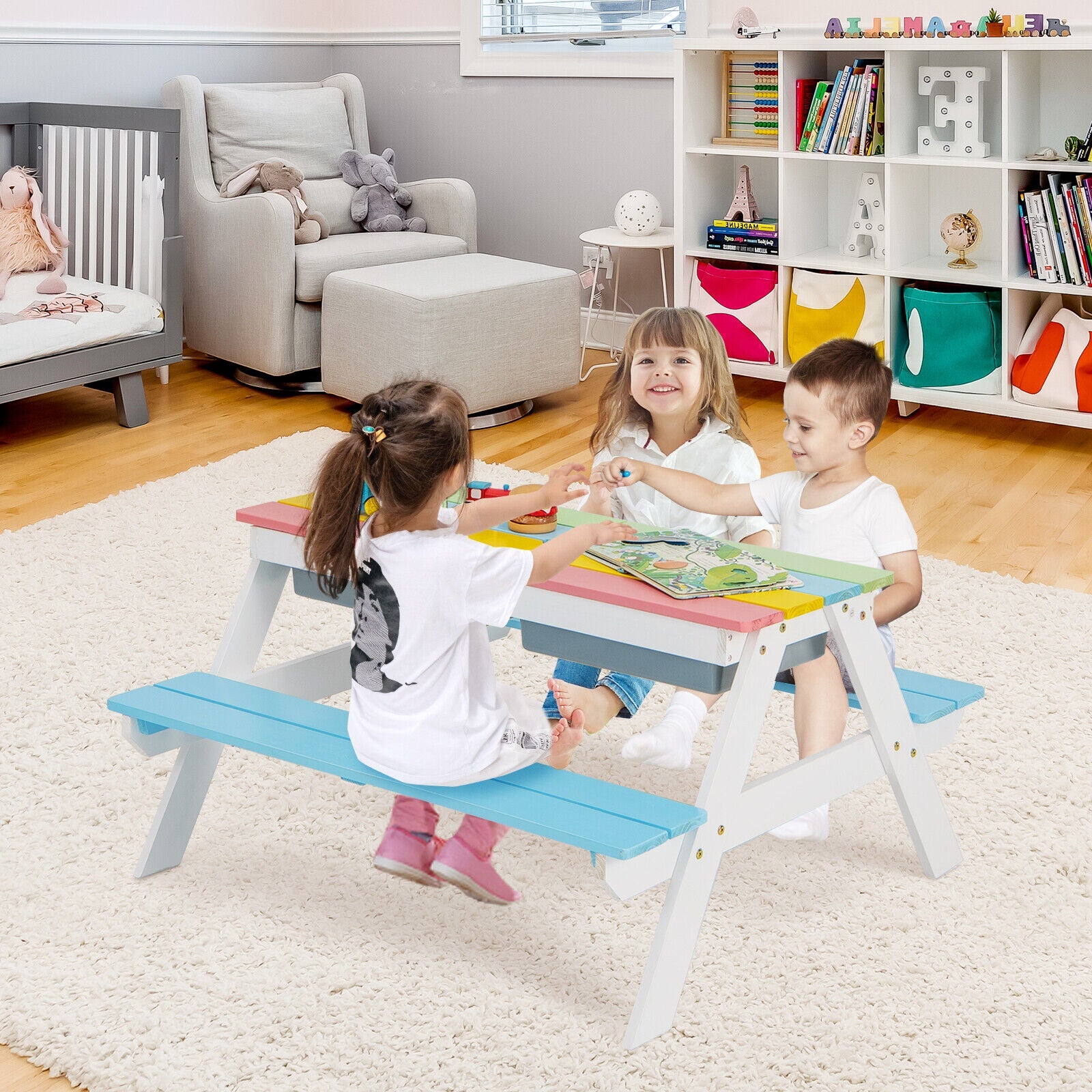 3-in-1 Kids Outdoor Picnic Water Sand Table with Umbrella Play Boxes-Blue