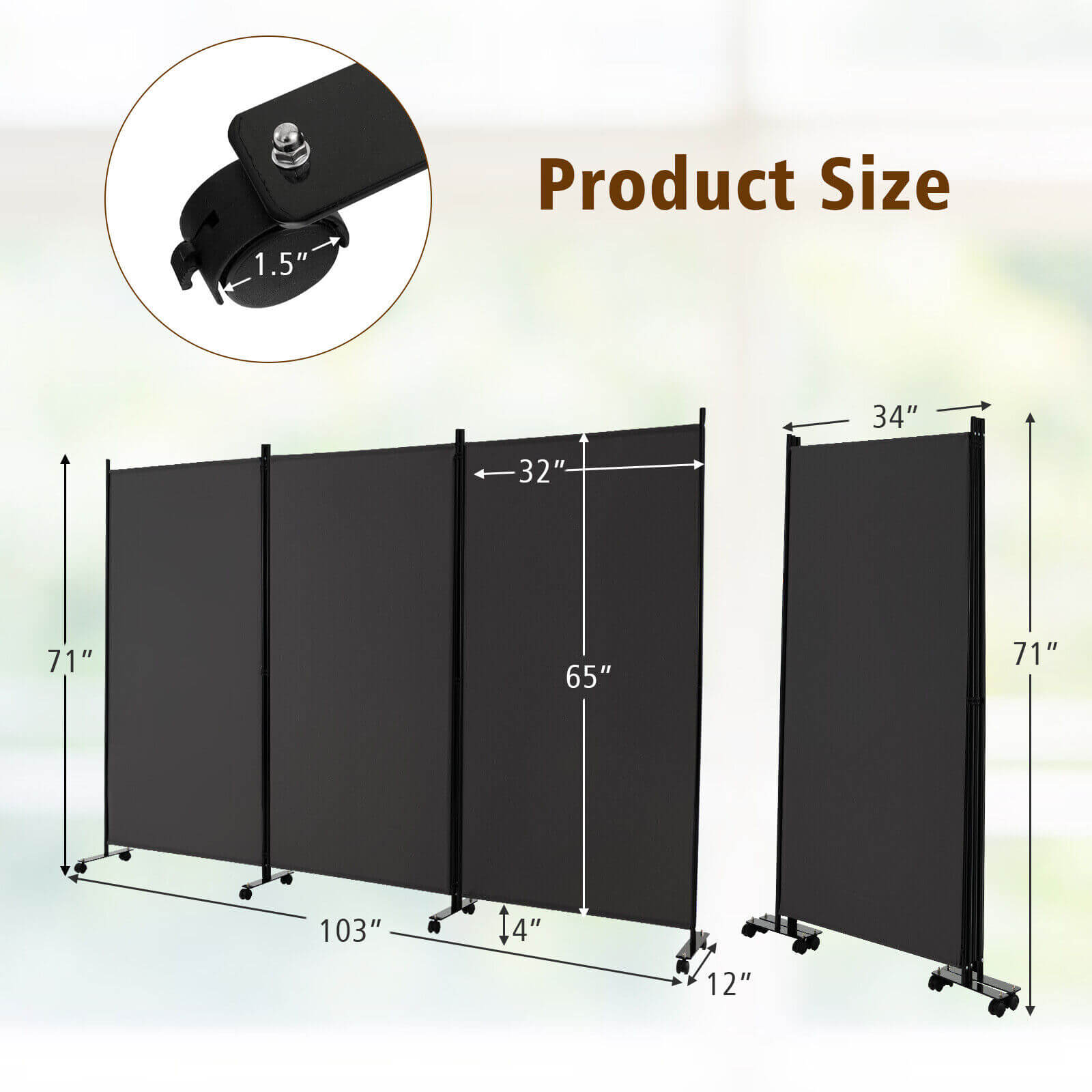3 Panel Folding Room Divider with Lockable Wheels-Gray