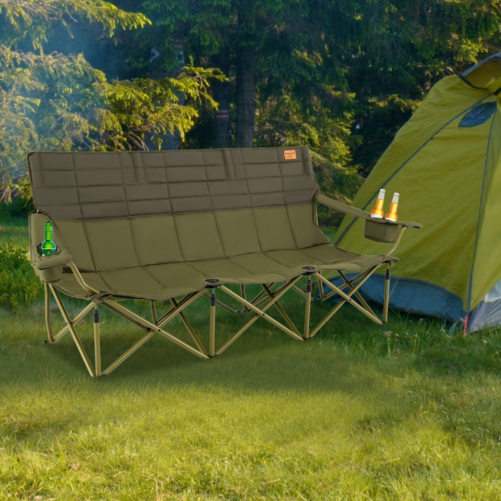 3 Person Folding Camping Chair with 2 Cup Holders Cotton Padding & Storage Bag-Green