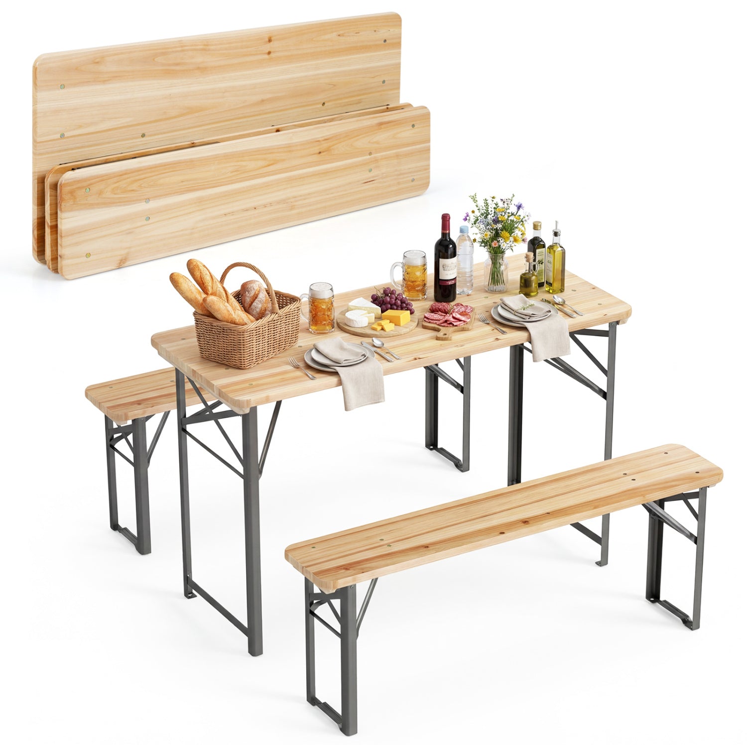 3-Piece Folding Picnic Table with Benches Fir Wood Portable Bear Camping SET