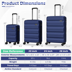 3-Piece Hardside Luggage Set 20/24/28 Inch Lightweight Hardside Suitcases