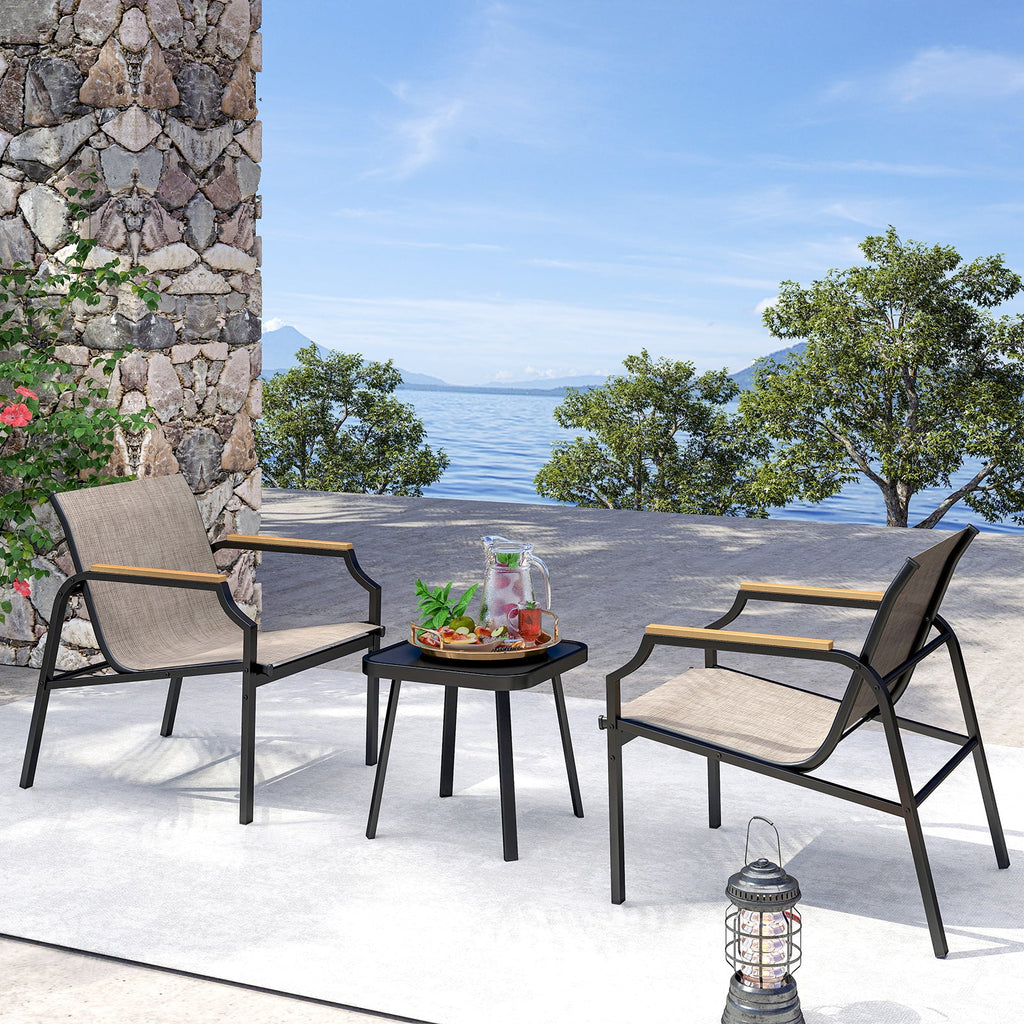3 Piece Outdoor Chair Set with Breathable Fabric Seat and Armrests-Brown