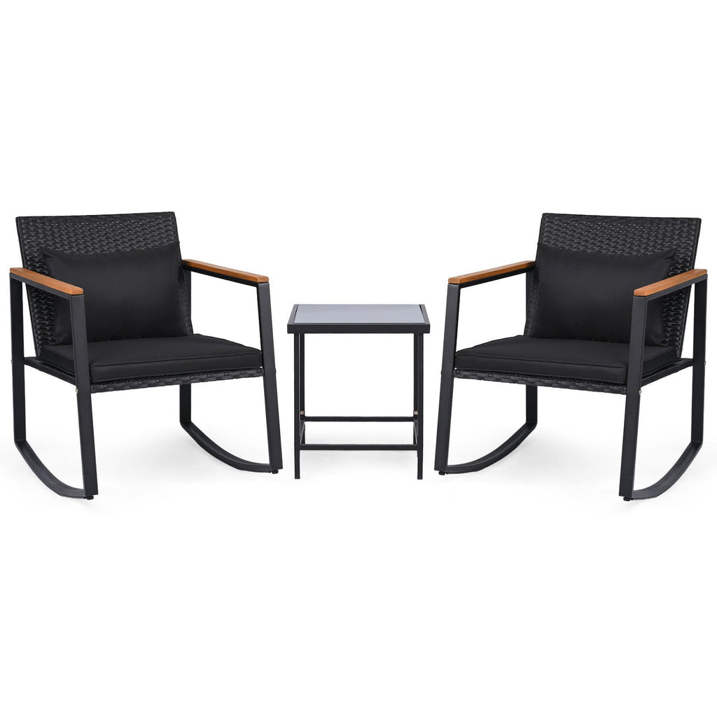 3-Piece Rocking Bistro Set with Cushions & Glass Table