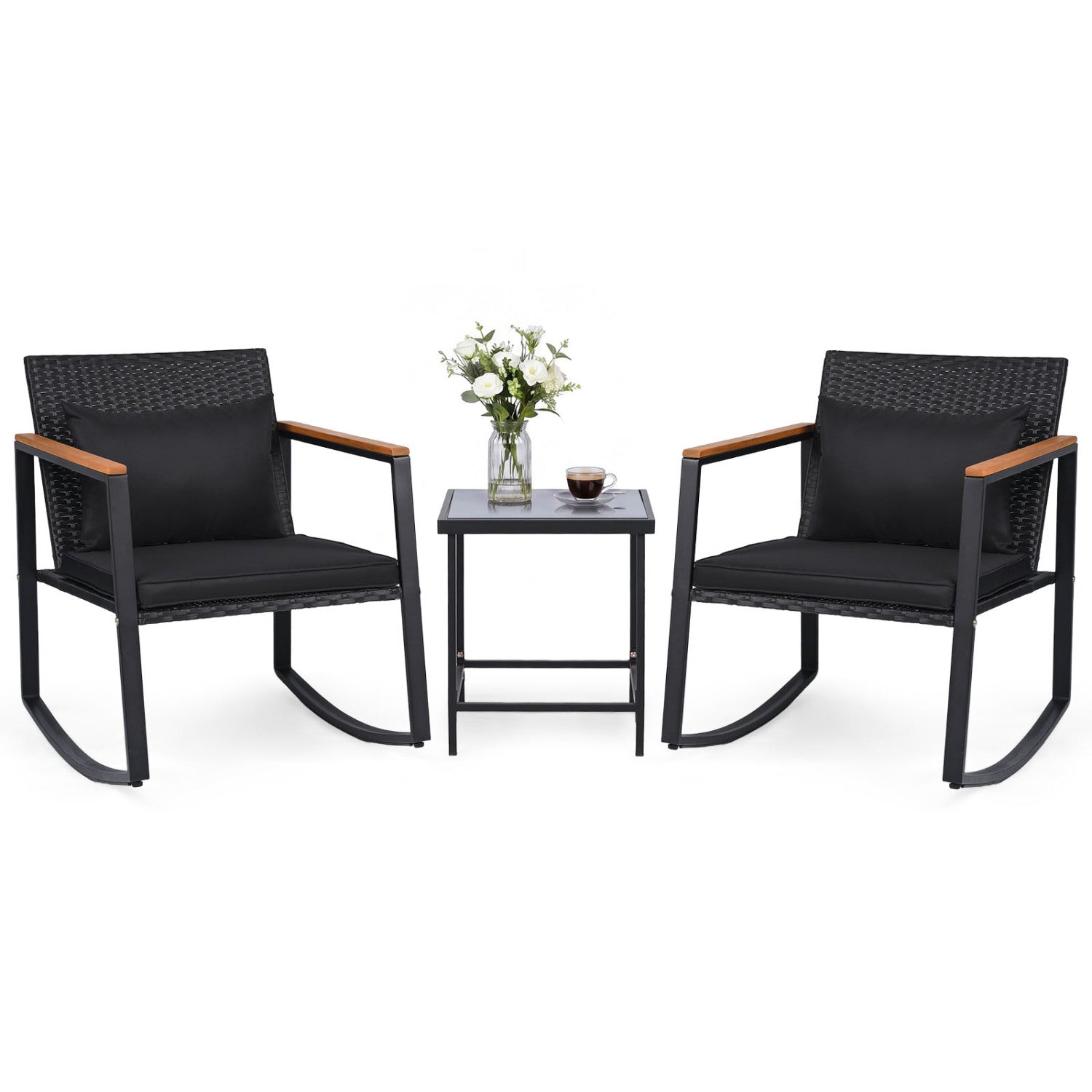 3-Piece Rocking Bistro Set with Cushions & Glass Table