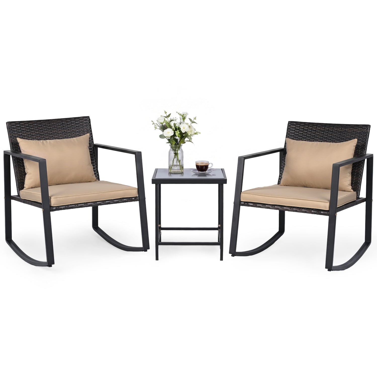 3-Piece Rocking Bistro Set with Cushions & Glass Table