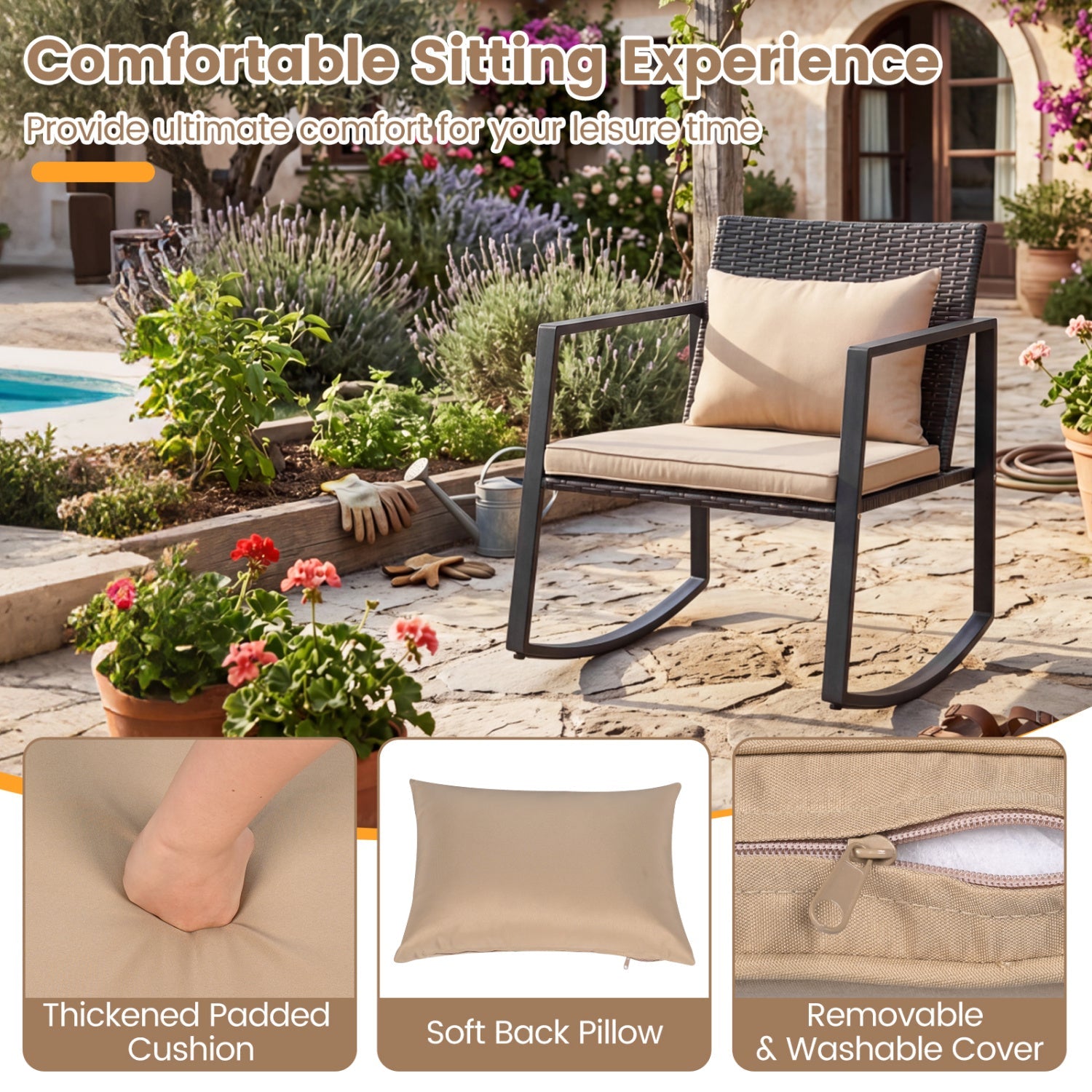 3-Piece Rocking Bistro Set with Cushions & Glass Table