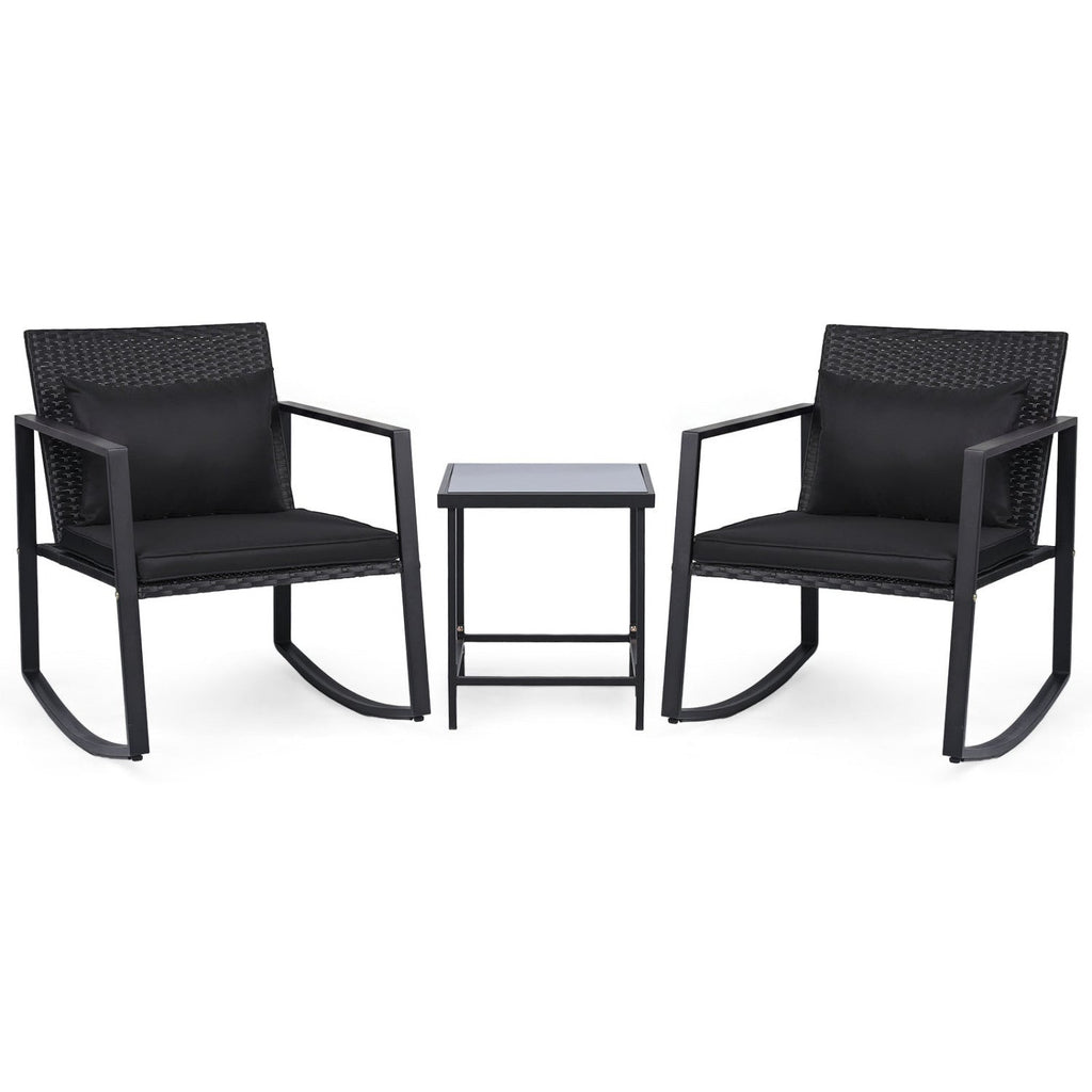 3-Piece Rocking Bistro Set with Cushions & Glass Table