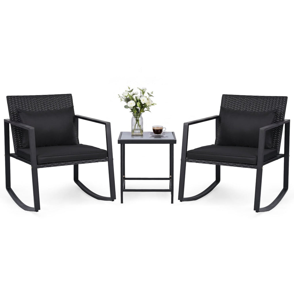 3-Piece Rocking Bistro Set with Cushions & Glass Table