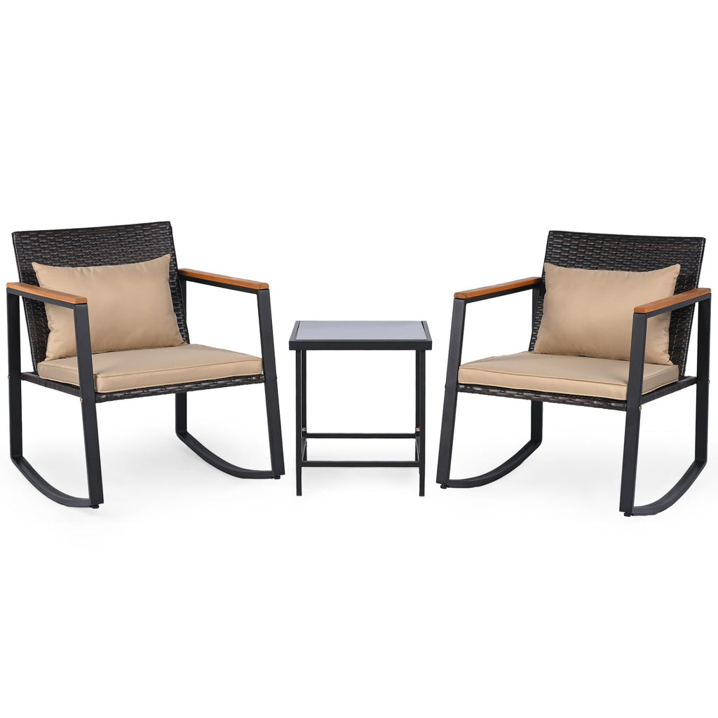 3-Piece Rocking Bistro Set with Cushions & Glass Table
