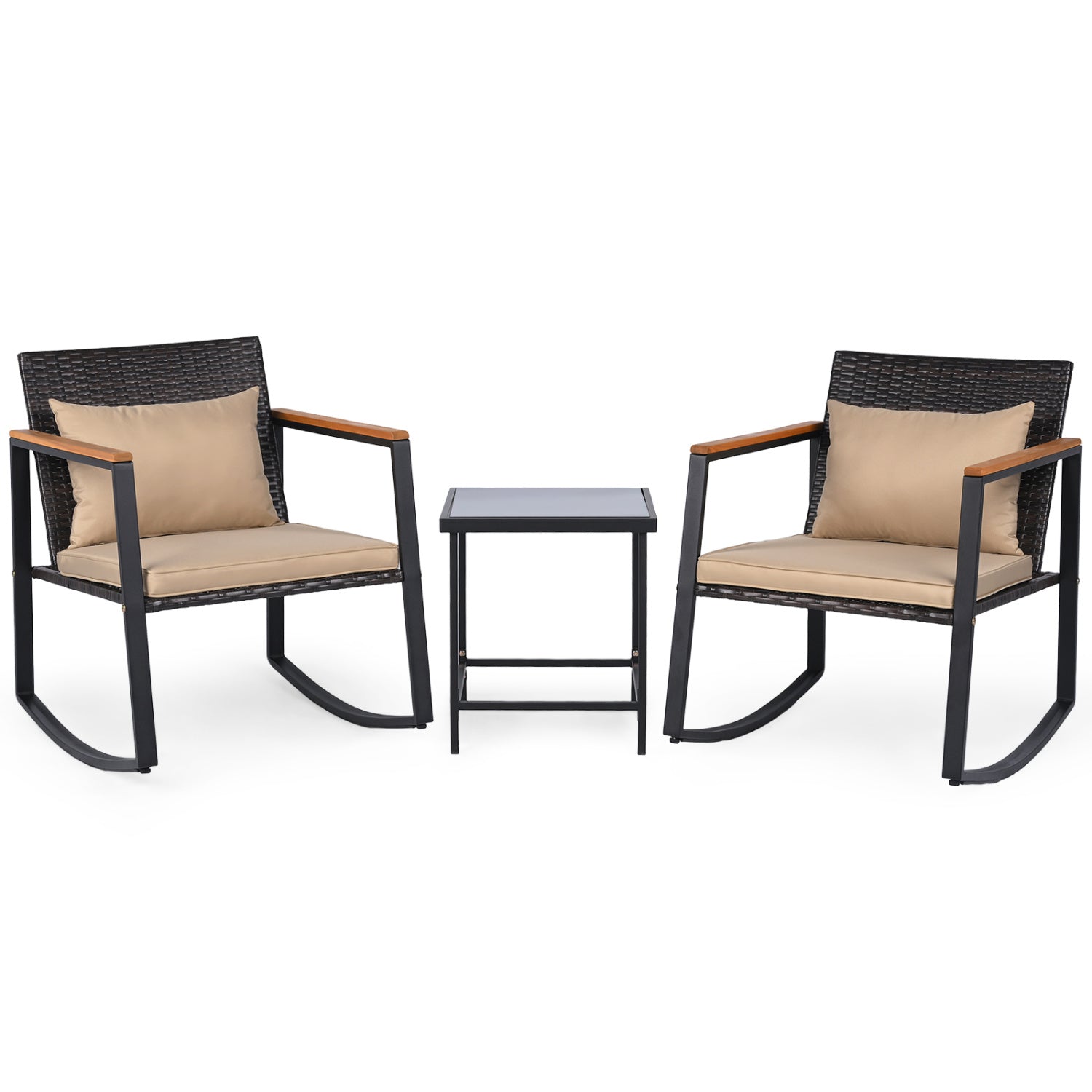 3-Piece Rocking Bistro Set with Cushions & Glass Table