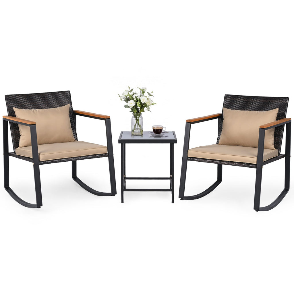 3-Piece Rocking Bistro Set with Cushions & Glass Table
