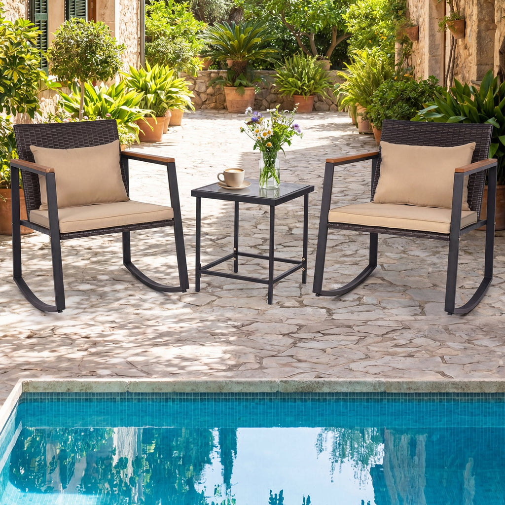 3-Piece Rocking Bistro Set with Cushions & Glass Table