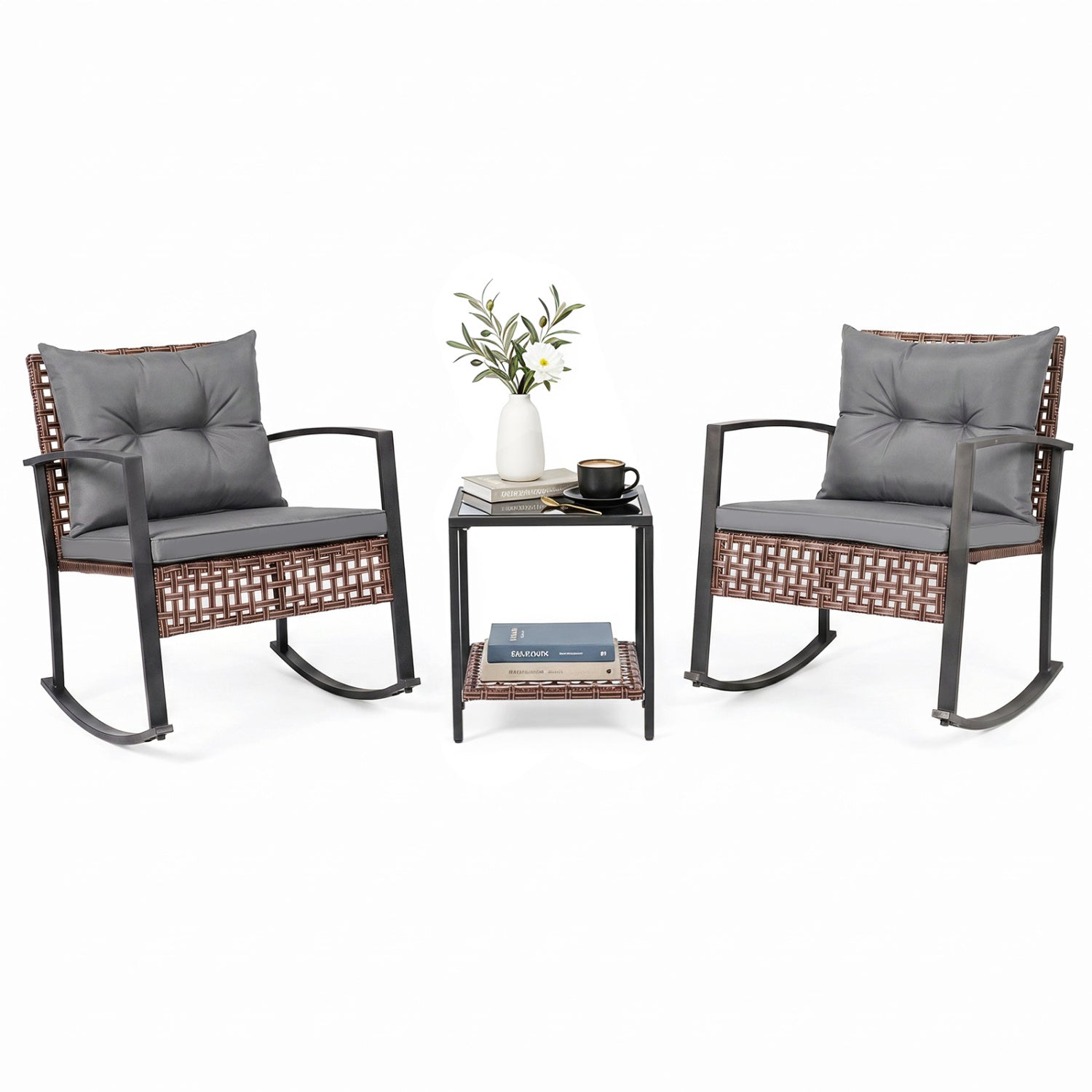 3-Piece Rocking Chair Patio Set with Glass Coffee Table