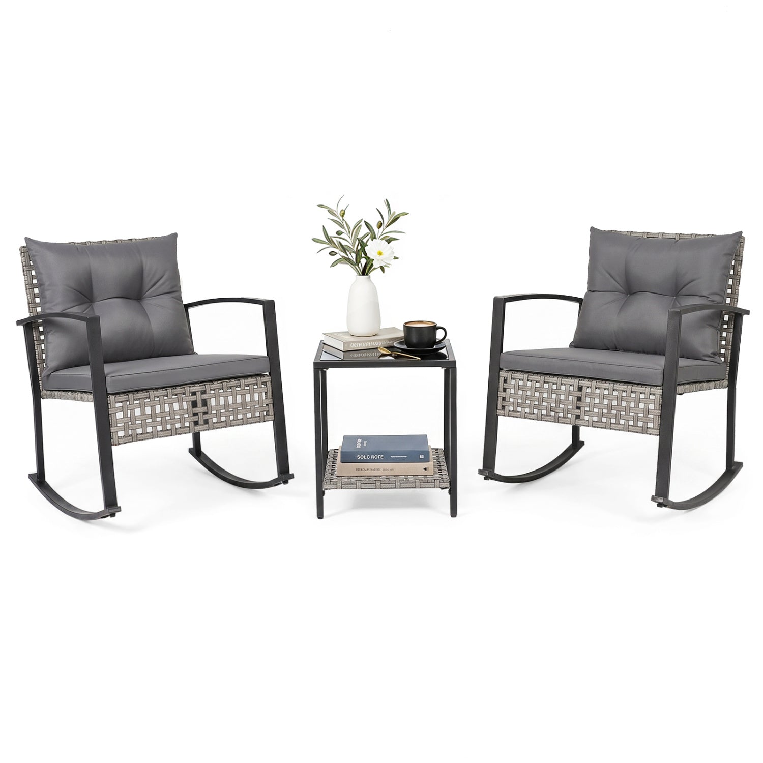 3-Piece Outdoor Rocking Chair Set with Coffee Table - Gray