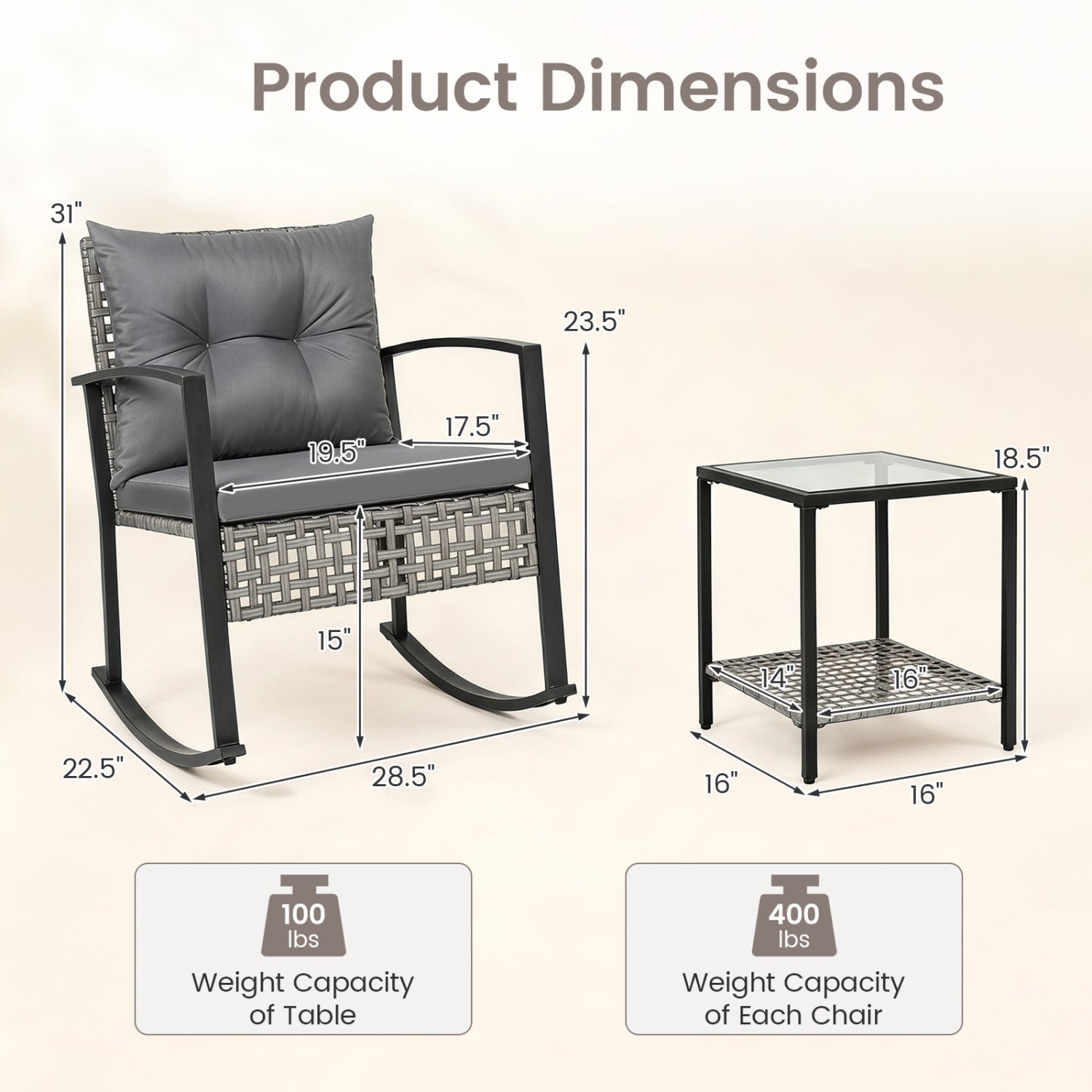 3-Piece Outdoor Rocking Chair Set with Coffee Table - Gray