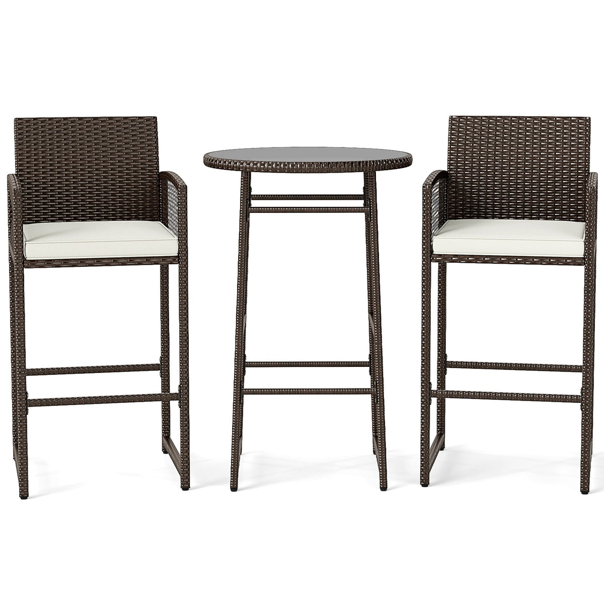 3 Piece Patio Bar Set Outdoor Wicker Bar Height Table and Armchairs-White