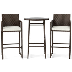 3 Piece Patio Bar Set Outdoor Wicker Bar Height Table and Armchairs-White