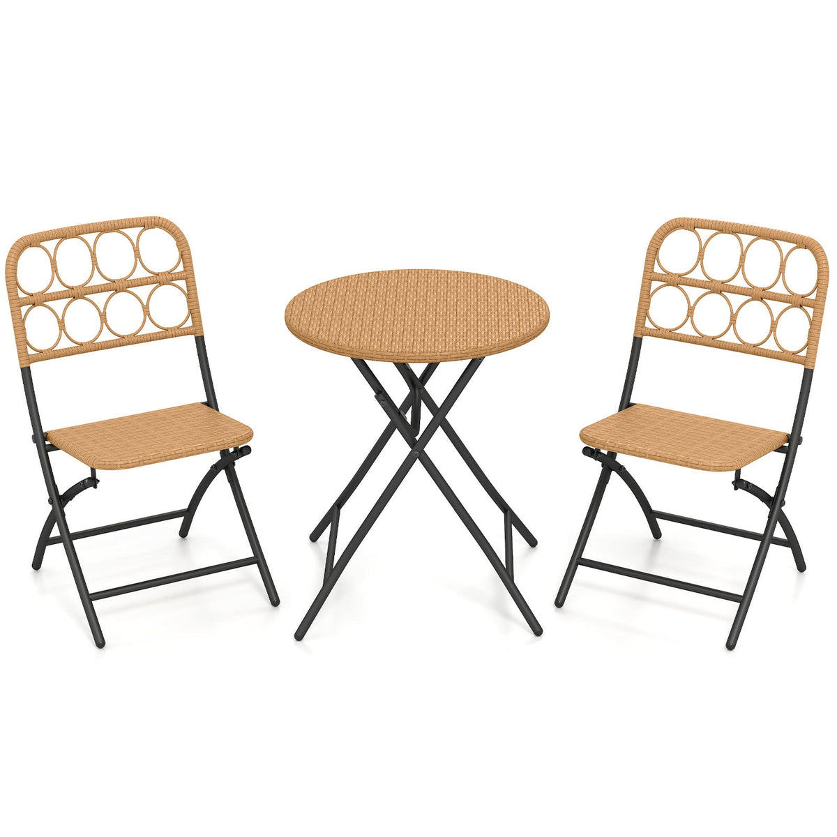 3 Piece Patio Bistro Set Folding Round Table and Chairs with Wicker Seat