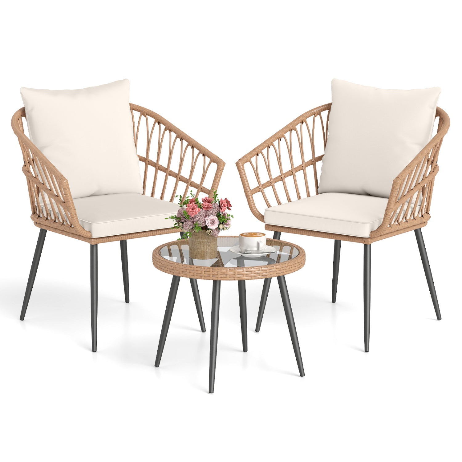 3 Piece Patio Bistro Set with PE Rattan Wicker Chairs and Tempered Glass Coffee Table