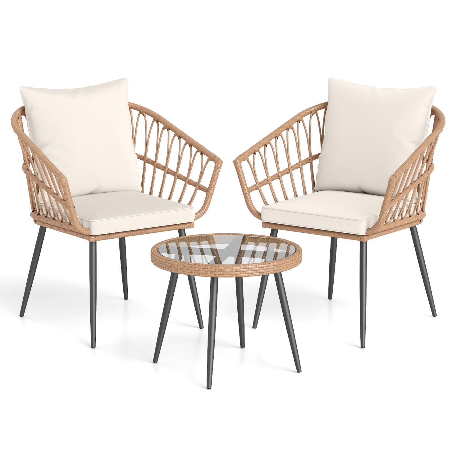 3 Piece Patio Bistro Set with PE Rattan Wicker Chairs and Tempered Glass Coffee Table