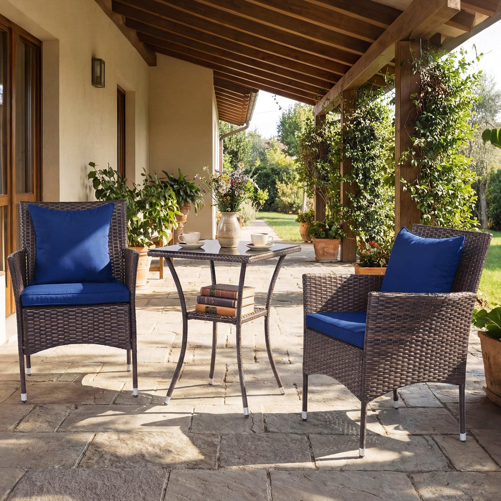 3 Pieces Patio Furniture Set with Cushioned Patio Chairs and Tempered Glass Coffee Table-Brown