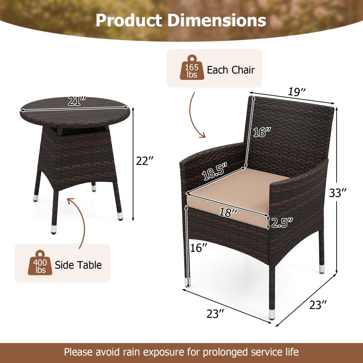 3 Piece Patio Furniture Set Outside Bistro Set for Porch