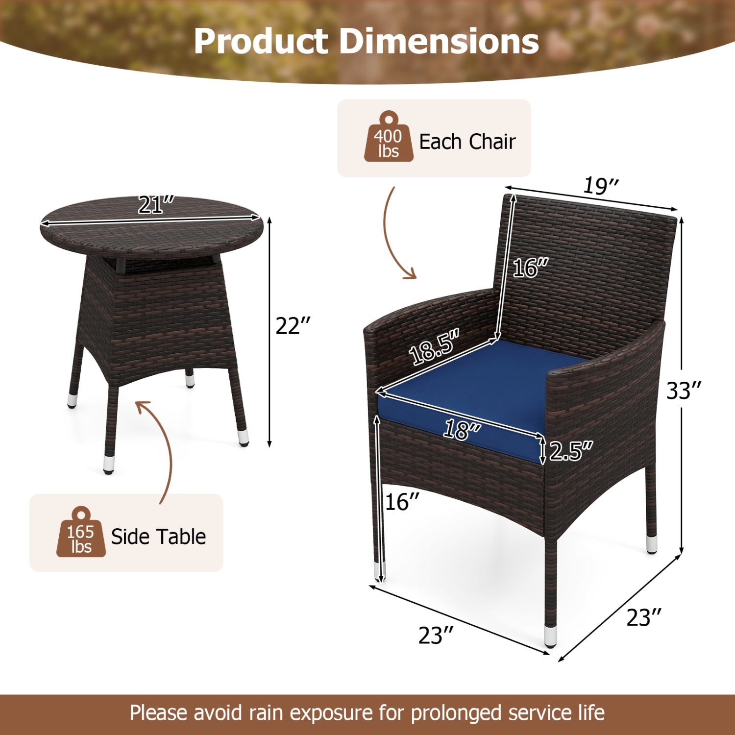 3 Piece Patio Furniture Set Outside Bistro Set for Porch