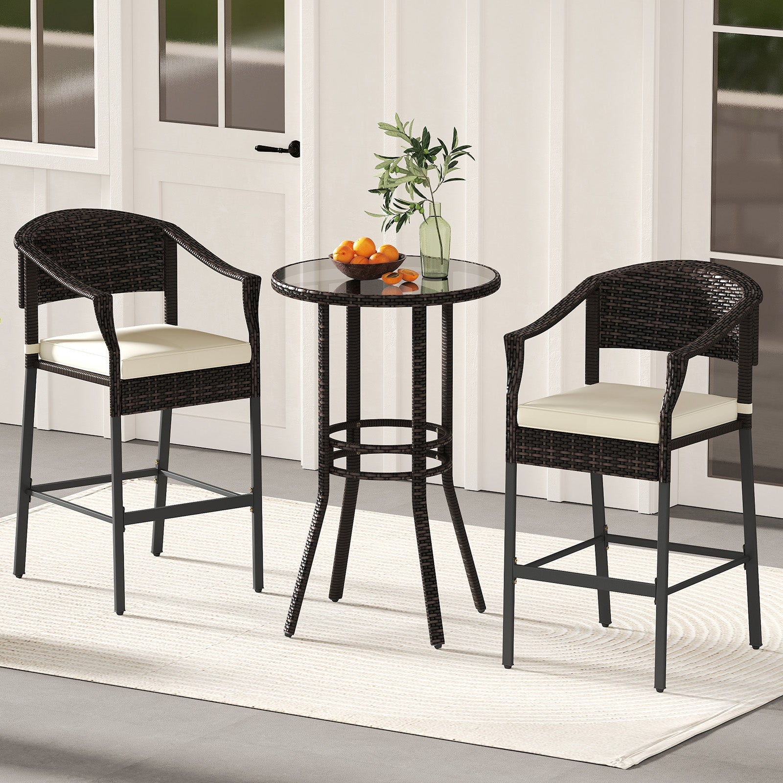 3-Piece Patio Rattan Bar Set with Tempered Glass Top for Backyard Poolside-Brown