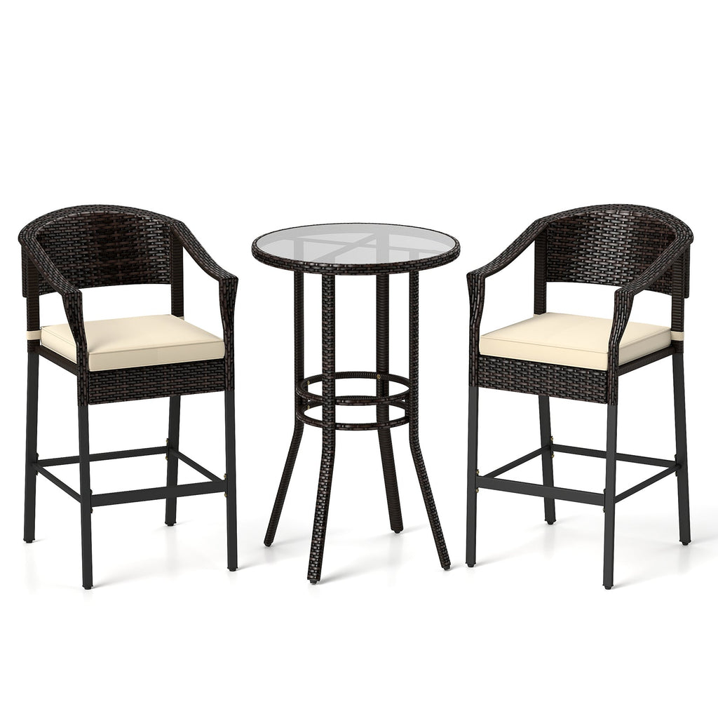 3-Piece Patio Rattan Bar Set with Tempered Glass Top for Backyard Poolside-Brown