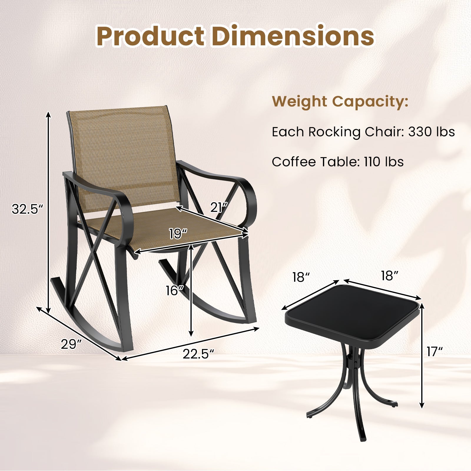 3 Piece Patio Rocking Set with Smooth Rocking Motion Outdoor Rocker Chair Bistro Set -Brown