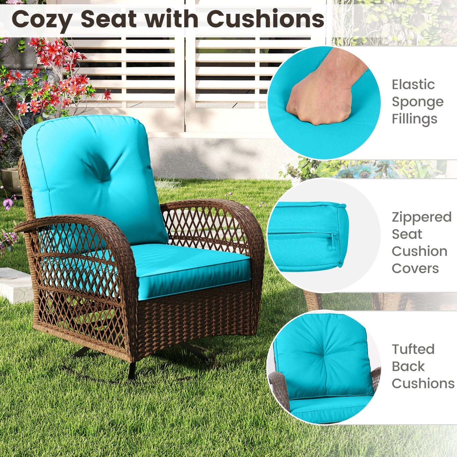 3-Piece Patio Swivel Rocker Set with Glass Side Table