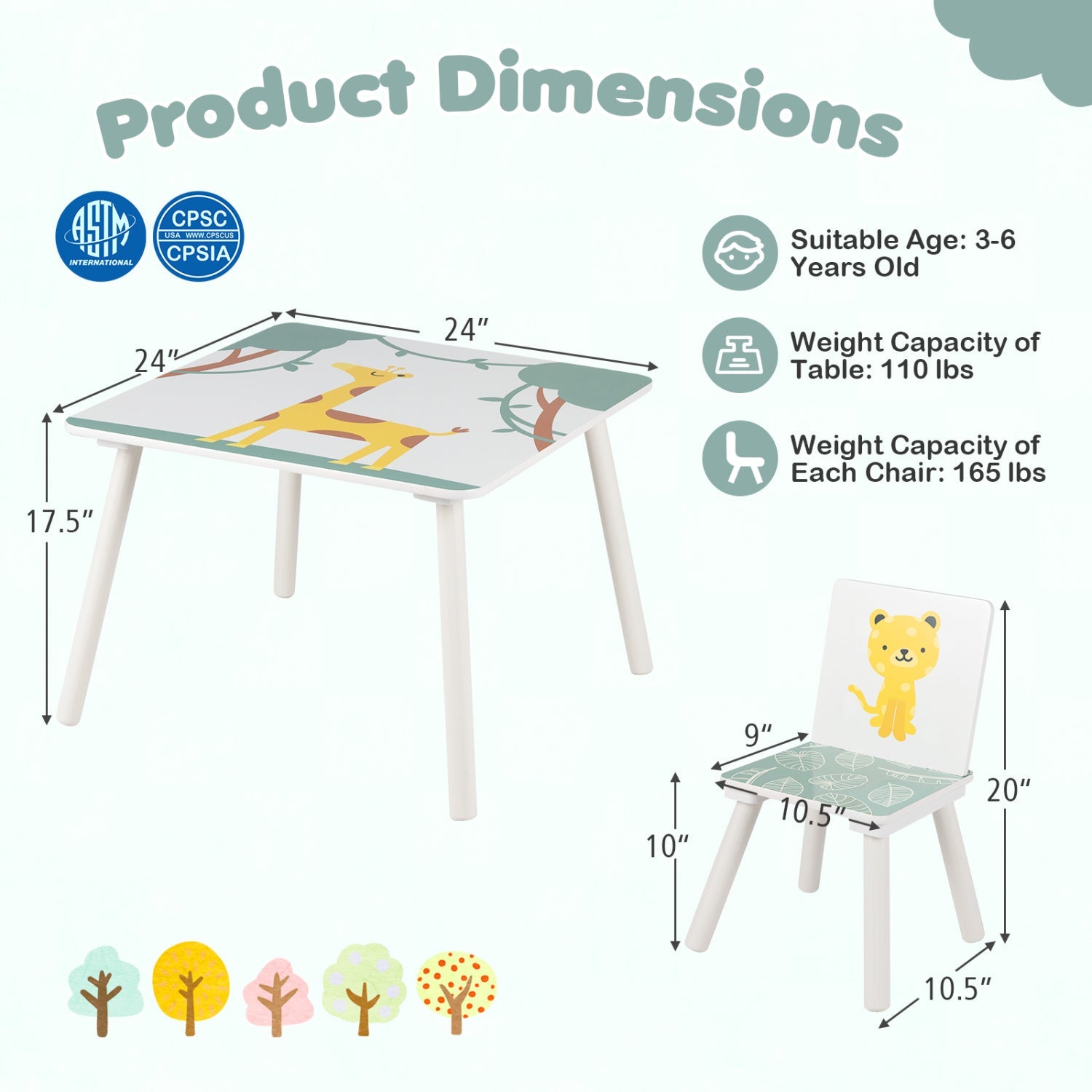 Kids Table and Chair Set with Animal Patterns (3-Piece)
