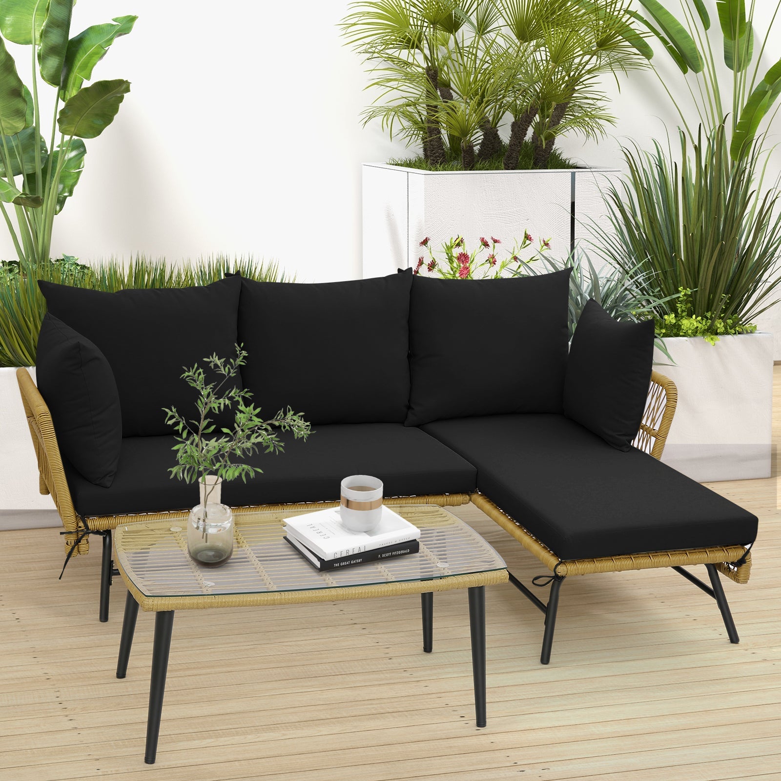 3 Pieces L-Shaped Patio Sofa with Cushions and Tempered Glass Table-Black