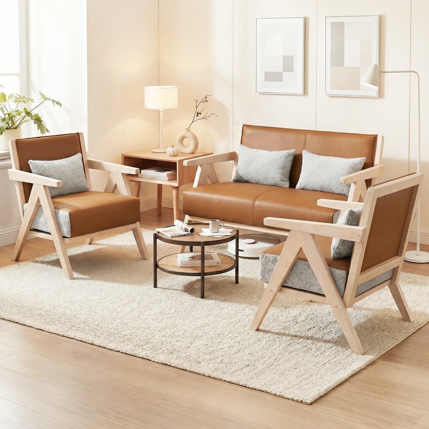 3 Pieces Living Room Furniture Set with Rubber Wood Frame