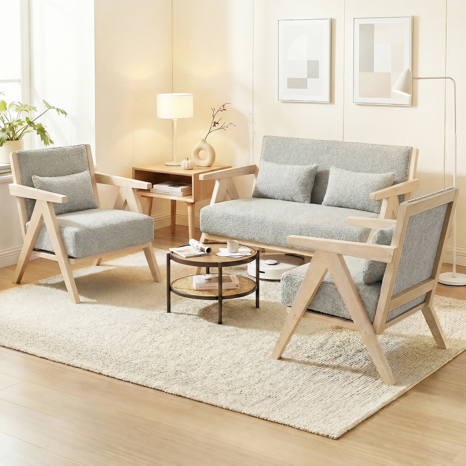 3 Pieces Living Room Furniture Set with Rubber Wood Frame