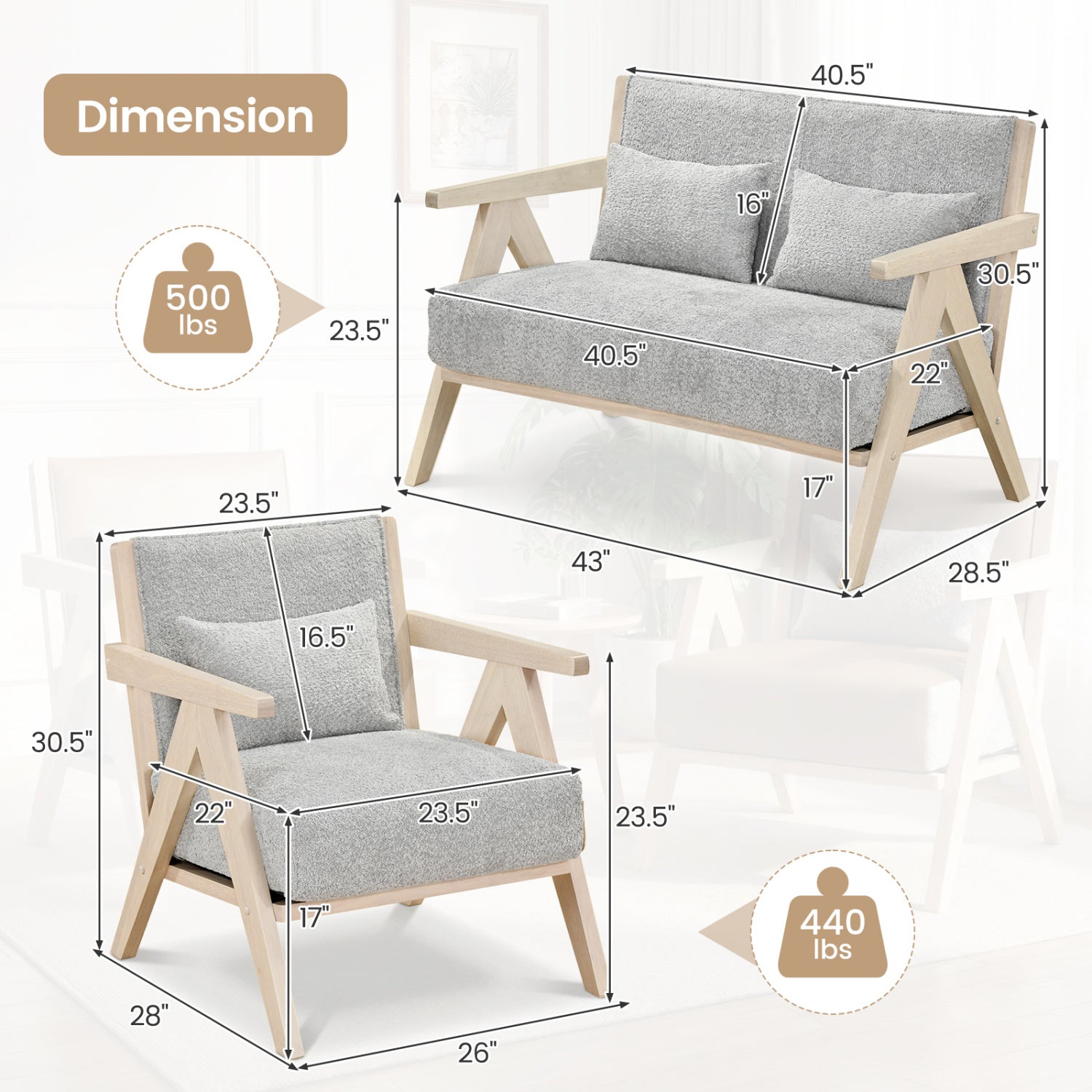 3 Pieces Living Room Furniture Set with Rubber Wood Frame