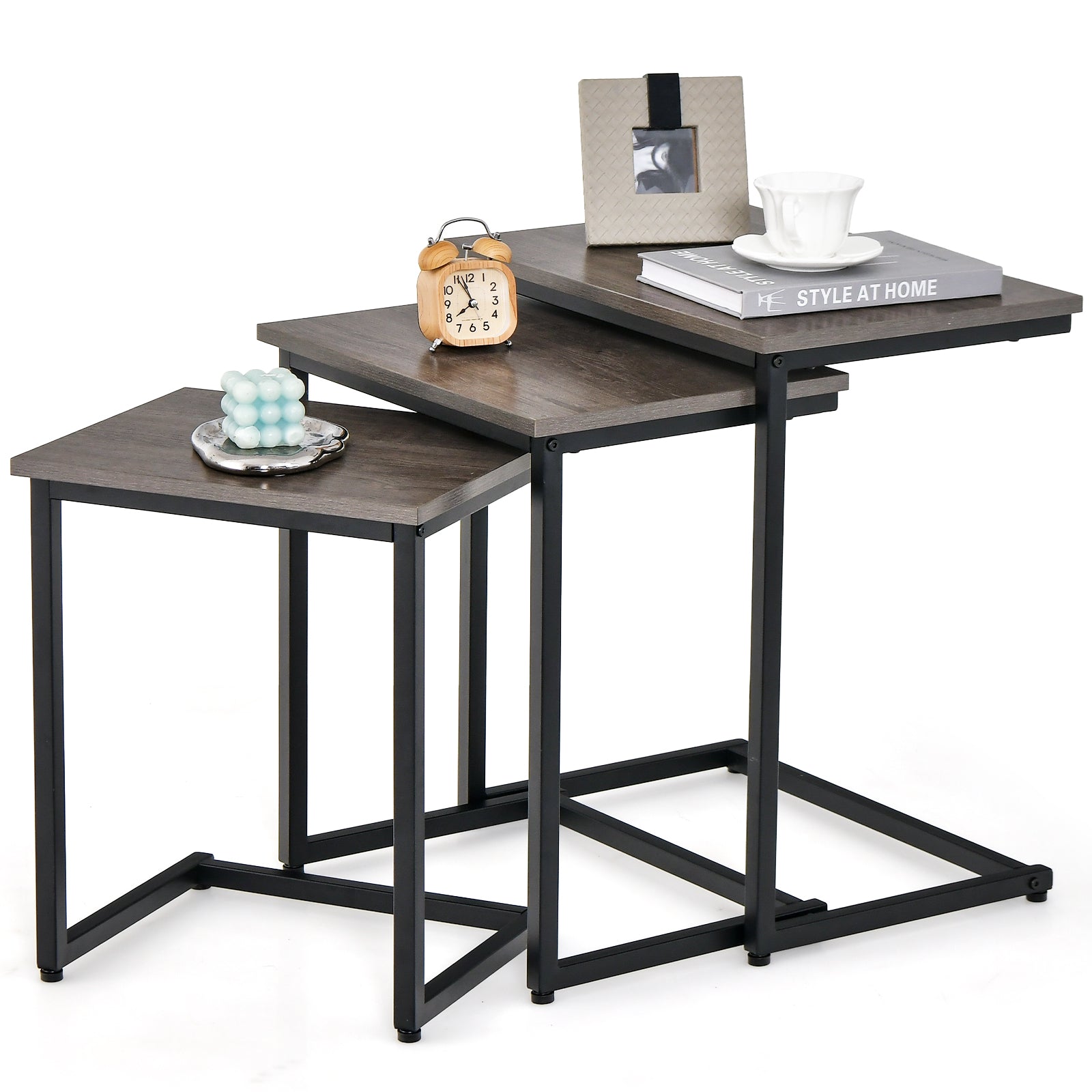 3 Pieces Multifunctional Coffee End Table Set-Oak
