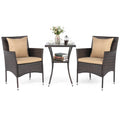 3 Pieces Patio Furniture Set with Cushioned Patio Chairs and Tempered Glass Coffee Table-Brown