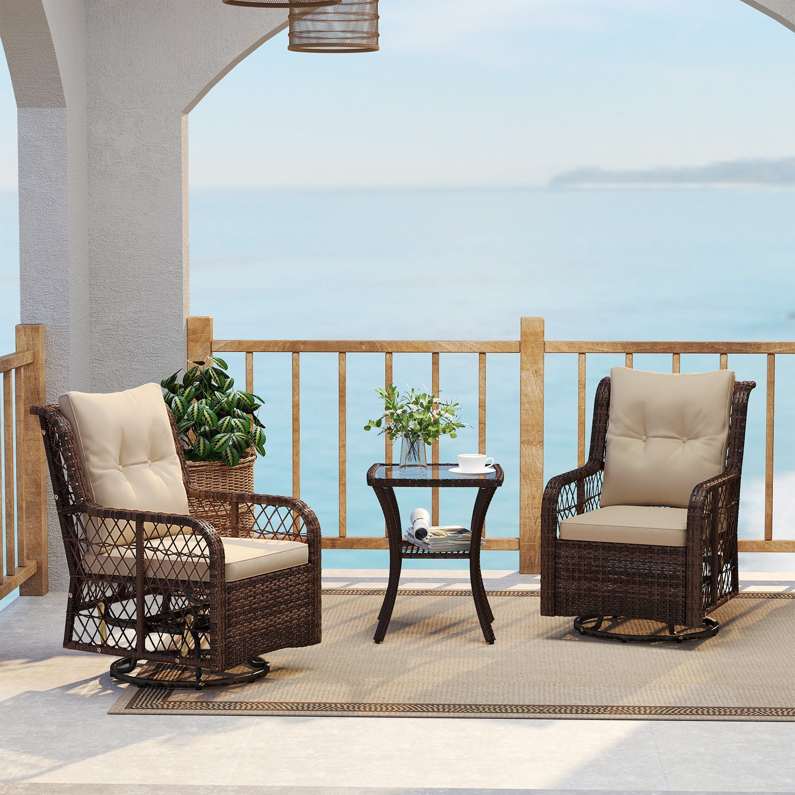3 Pieces Patio Furniture Set PE Wicker Swivel Glider Chairs with 2-Tier Side Table and Cushions-Brown