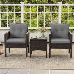 3 Pieces Patio PE Wicker Furniture Set with Cushions for Porch and Balcony
