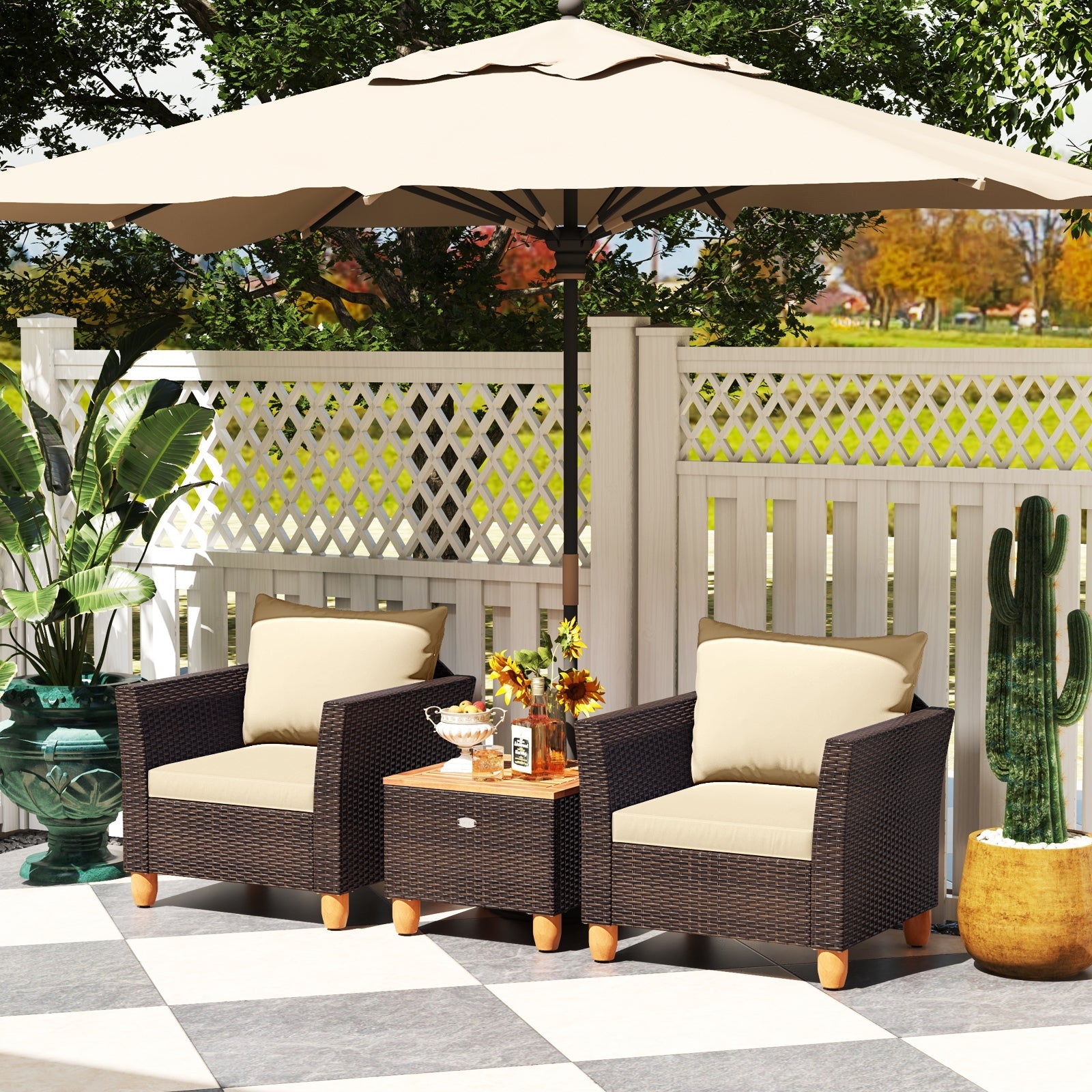 3 Pieces Patio PE Wicker Furniture Set with Cushions and Acacia Wood Storage Coffee Table-Beige